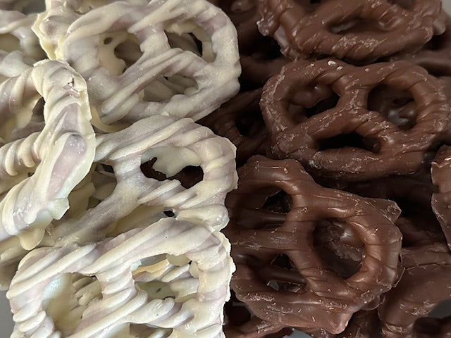 Box of chocolate-dipped pretzel twists